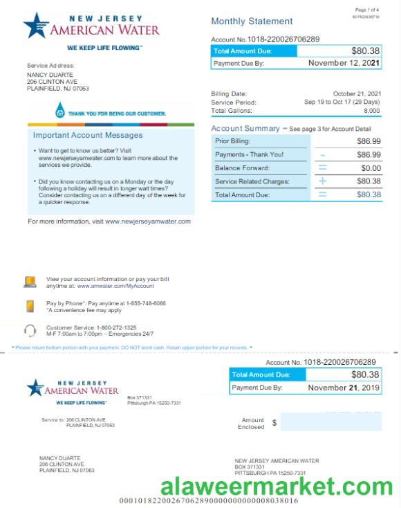 USA NEW JERSEY AMERICAN WATER utility bill Word and PDF template